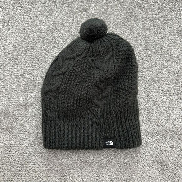 The North Face Pompom Beanie Winter Hat Girls One Size Dark Green Cable Knit - Picture 1 of 5